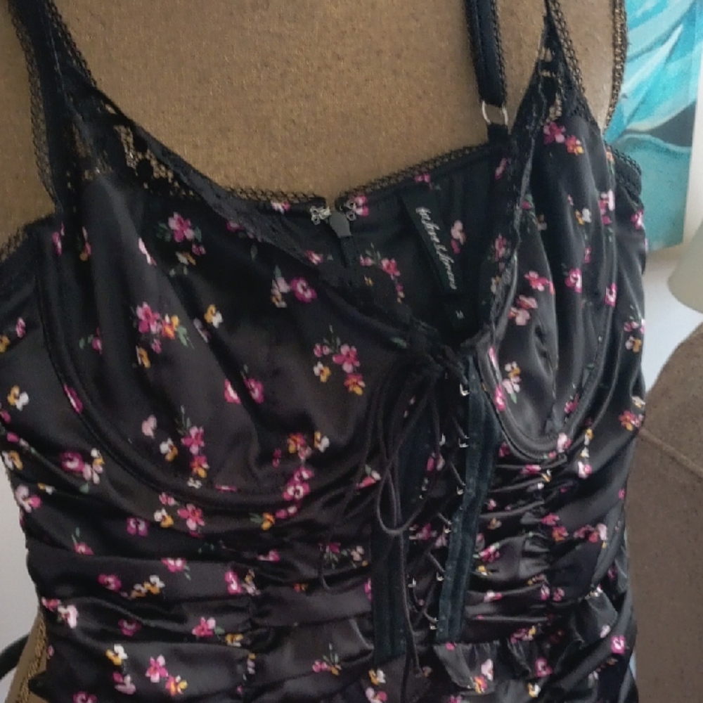 For Love And Lemons Ruched Black Dress with Pink Floral Accents - Picture 3 of 7